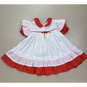 Vintage Baby Dress Red White Polka Dot Lace Peter Pan Collar 3 Month